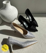 کفش پاشنه بلند نگین دار مشکی و نقره ای